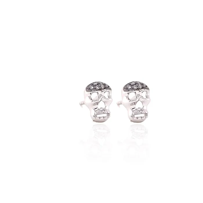 Petite Skull Post Earrings with White Black Diamonds White Gold Liven Co Earrings