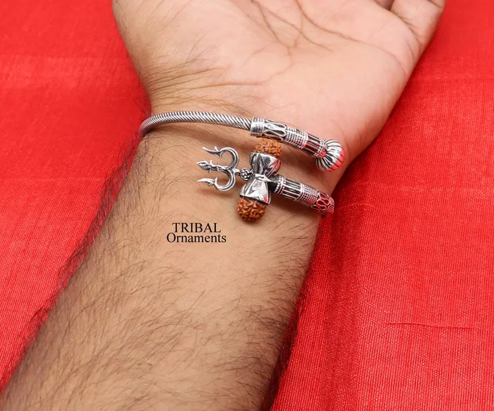 925 sterling silver Lord shiva trident trishool kada bangle bracelet with fabulous natural rudraksha antique jewelry nsk485 TRIBAL ORNAMENTS Bracelets