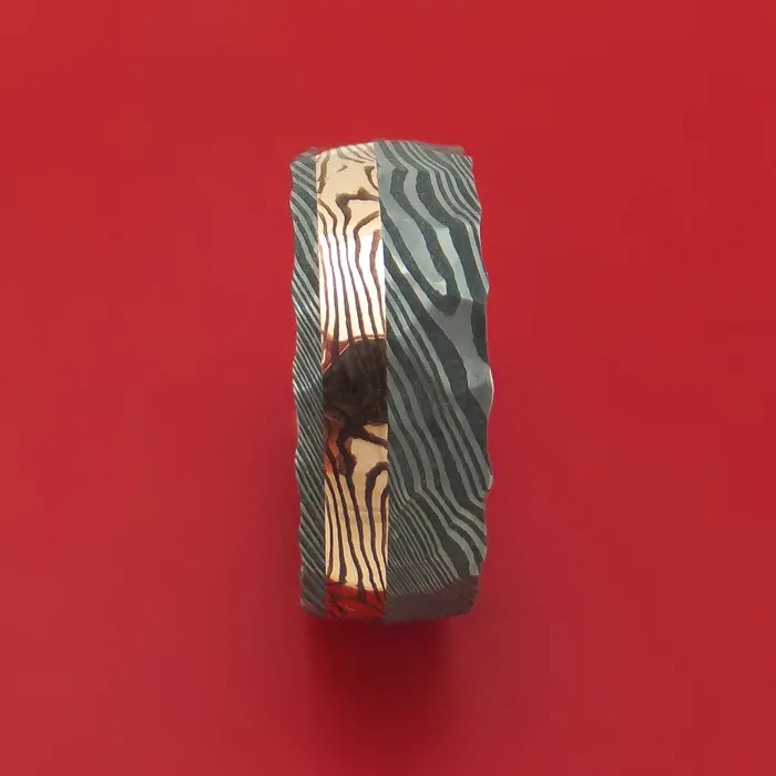 Lashbrook Rings Damascus Steel And 14K Rose Gold Mokume Shakudo Rock Hammered Band Custom Made