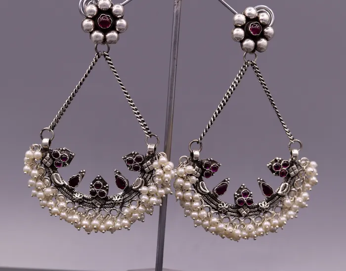 TRIBAL ORNAMENTS Earrings 925 sterling silver handmade stud earring chandbala jhumka with gorgeous pearl and dangling customized bridesmaid large earring jewelry s565