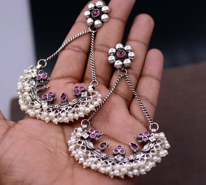 TRIBAL ORNAMENTS Earrings 925 sterling silver handmade stud earring chandbala jhumka with gorgeous pearl and dangling customized bridesmaid large earring jewelry s565