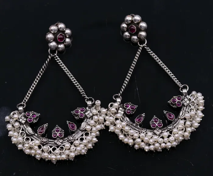 TRIBAL ORNAMENTS Earrings 925 sterling silver handmade stud earring chandbala jhumka with gorgeous pearl and dangling customized bridesmaid large earring jewelry s565