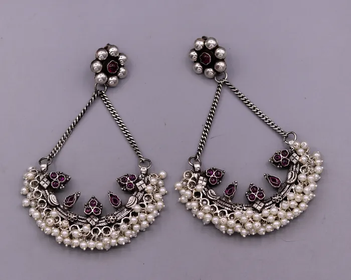 TRIBAL ORNAMENTS Earrings 925 sterling silver handmade stud earring chandbala jhumka with gorgeous pearl and dangling customized bridesmaid large earring jewelry s565