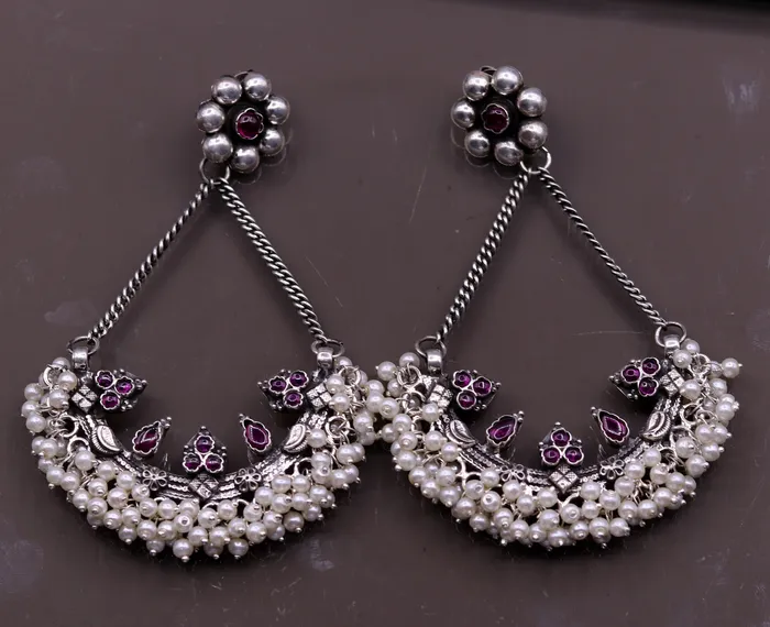 TRIBAL ORNAMENTS Earrings 925 sterling silver handmade stud earring chandbala jhumka with gorgeous pearl and dangling customized bridesmaid large earring jewelry s565