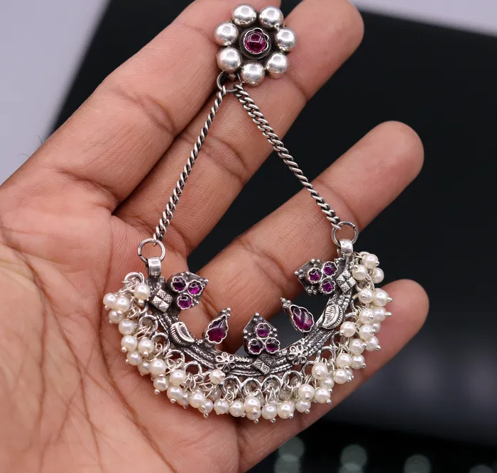 TRIBAL ORNAMENTS Earrings 925 sterling silver handmade stud earring chandbala jhumka with gorgeous pearl and dangling customized bridesmaid large earring jewelry s565