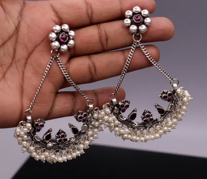 TRIBAL ORNAMENTS Earrings 925 sterling silver handmade stud earring chandbala jhumka with gorgeous pearl and dangling customized bridesmaid large earring jewelry s565