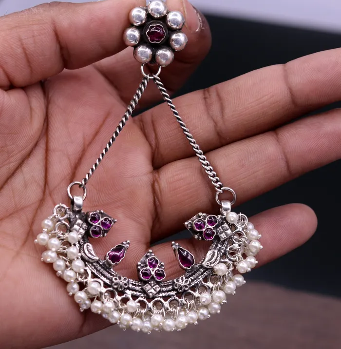 TRIBAL ORNAMENTS Earrings 925 sterling silver handmade stud earring chandbala jhumka with gorgeous pearl and dangling customized bridesmaid large earring jewelry s565