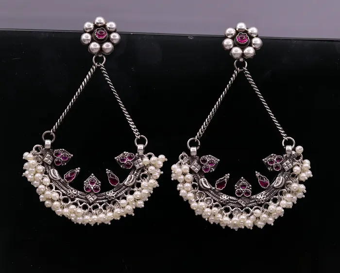 TRIBAL ORNAMENTS Earrings 925 sterling silver handmade stud earring chandbala jhumka with gorgeous pearl and dangling customized bridesmaid large earring jewelry s565