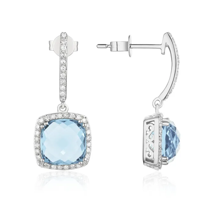 Blue Topaz Diamond 14K White Gold Cushion Drop Earrings Croghans Earrings
