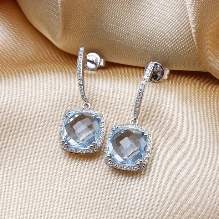 Blue Topaz Diamond 14K White Gold Cushion Drop Earrings Croghans Earrings