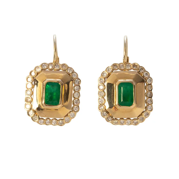 Croghans Earrings Emerald Diamond 14K Yellow Gold Leverback Earrings