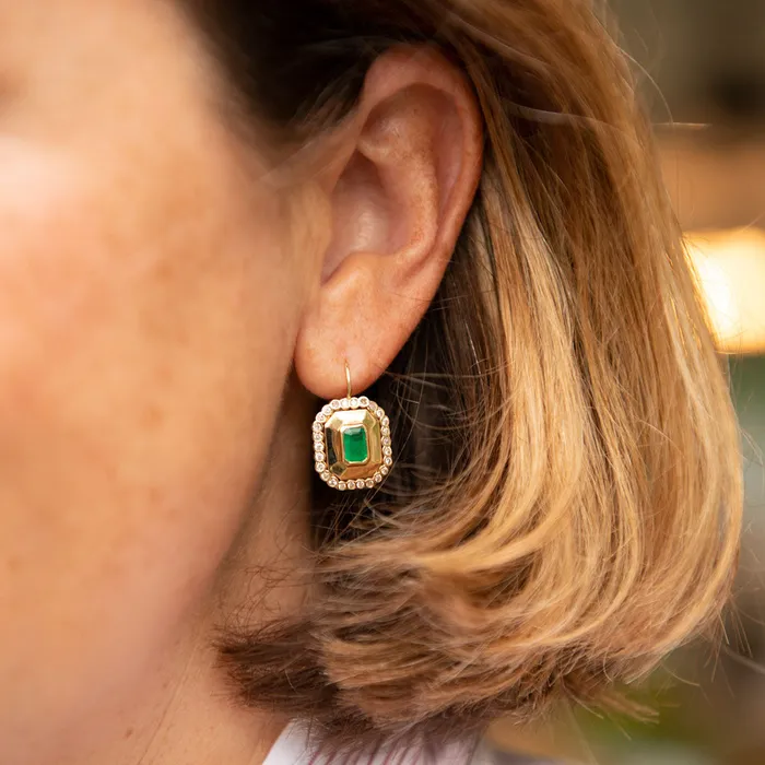 Croghans Earrings Emerald Diamond 14K Yellow Gold Leverback Earrings