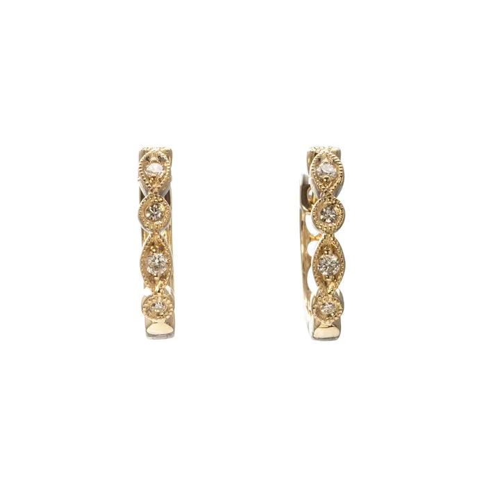 Diamond Milgrain 14K Yellow Gold Huggie Hoop Earrings Croghans Earrings