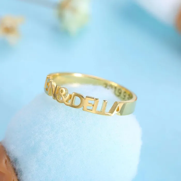 Personalized Silver Gold and Rose Gold Rings with CutOut Lettering Customizable Name and Message Stackable Design Belbren Necklaces