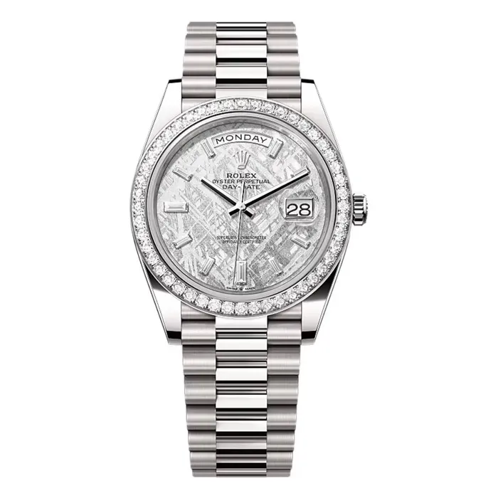 Rolex Day Date 40mm Ref 228349rbr0040 Meteorite Diamond Dial Diamond Bezel 18K White Gold President Bracelet Mens Watch Rolex Bracelets