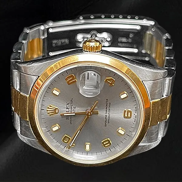 Rings Rolex Oyster Perpetual Date Silver Arabic 34mm Two Tone Watch HarryChadEntcom
