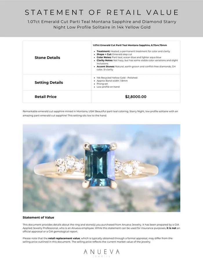 107ct Emerald Cut Parti Teal Montana Sapphire and Diamond Starry Night Low Profile Solitaire in 14k Yellow Gold Anueva Jewelry Earrings