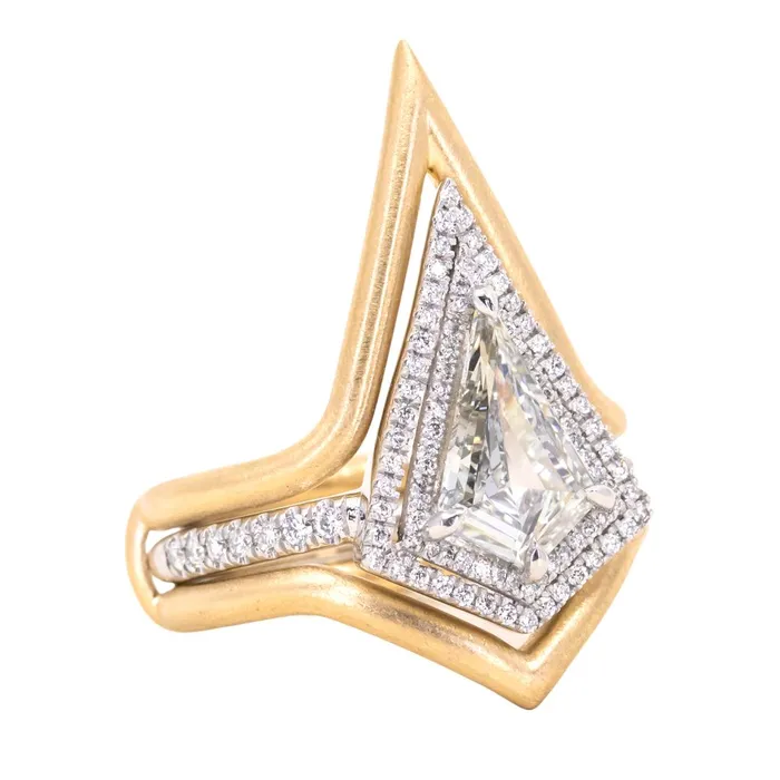 125ct GIA Kite Shaped Diamond Halo Platinum Ring and Jacket in 18k Yellow Gold Anueva Jewelry Rings