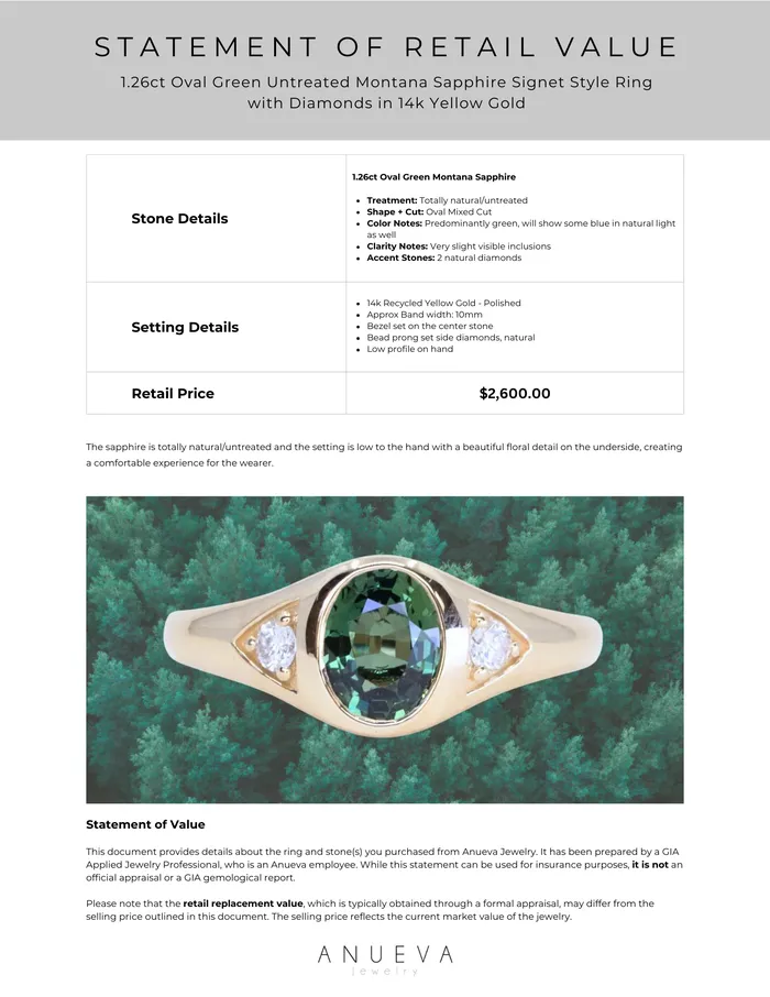 Anueva Jewelry Rings 126ct Oval Green Untreated Montana Sapphire Signet Style Ring with Diamonds in 14k Yellow Gold