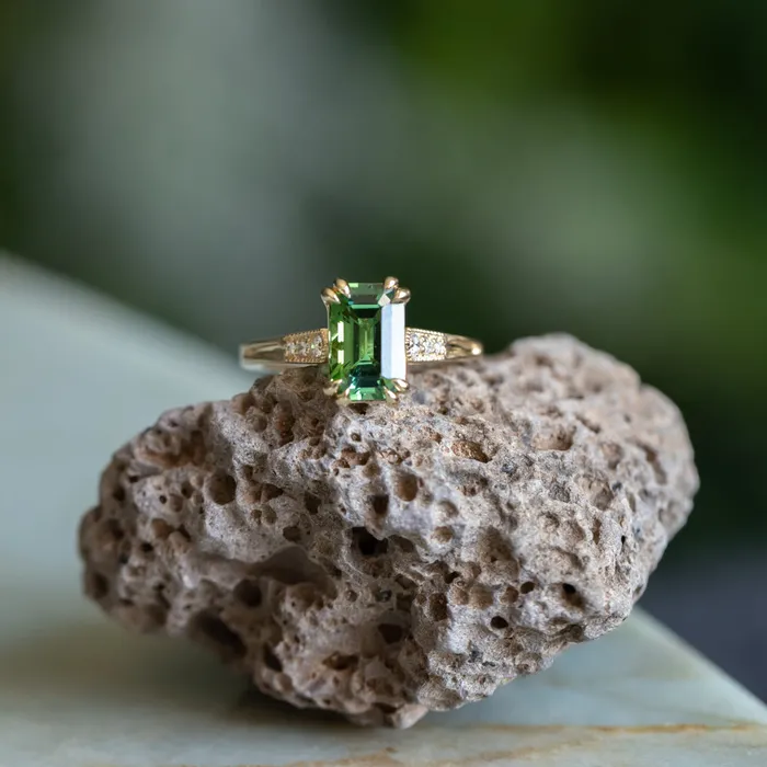 Anueva Jewelry Rings 20ct Emerald Cut Green Tourmaline and Diamond Vintage Cathedral Double Prong Ring in 14k Yellow Gold