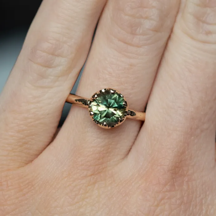 Anueva Jewelry Rings 20ct Round Australian Parti Green Sapphire Six Prong Low Profile Evergreen Ring in 14K Yellow Gold