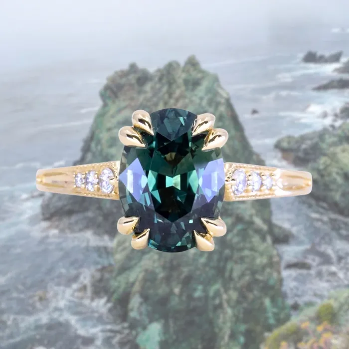 Anueva Jewelry Rings 319ct Untreated Oval Madagascar Sapphire and Diamond Vintage Cathedral Double Prong Ring in 18k Yellow Gold