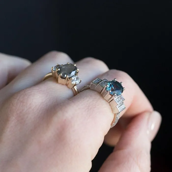 Anueva Jewelry Rings Antique Inspired Three Stone Oval Black Diamond Ring in Yellow Gold