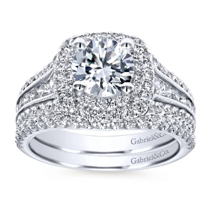 International Diamond Center Gabriel Bridal Collection White Gold Diamond Milgrain and Channel Setting Double Halo Engagement Ring 1 ctw Rings