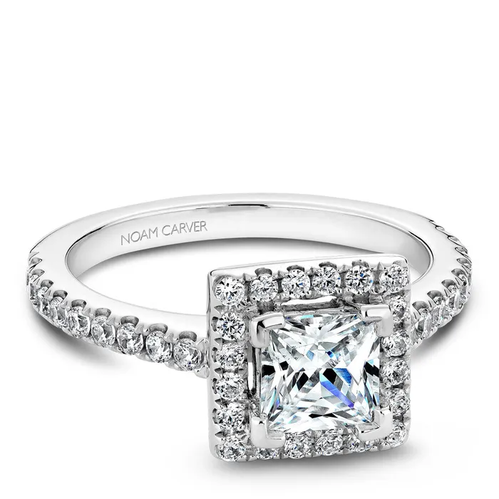 International Diamond Center Rings Noam Carver White Gold Diamond Engagement Ring Setting with Princess Center Stone and Halo 050 CTW