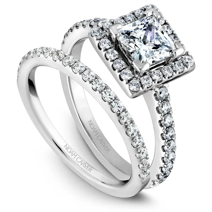 International Diamond Center Rings Noam Carver White Gold Diamond Engagement Ring Setting with Princess Center Stone and Halo 050 CTW