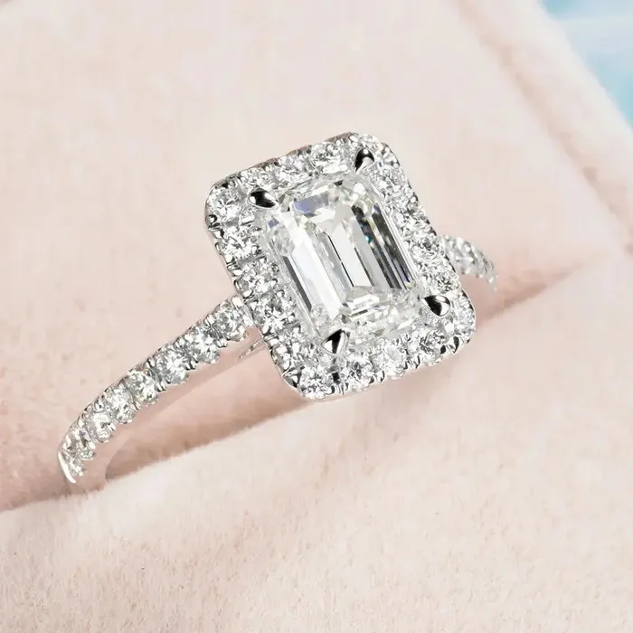 Luxus Moissanite Rings Silver or Gold Moissanite Emerald Cut Engagement Ring With Halo 1 Ct Luxus Moissanite Rings Silver or Gold Moissanite Emerald Cut Engagement Ring With Halo 1 Ct