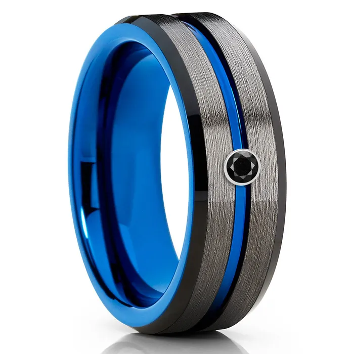 Rings Clean Casting Jewelry Black Diamond Wedding Ring Gunmetal Tungsten Ring Blue Wedding Band Brush